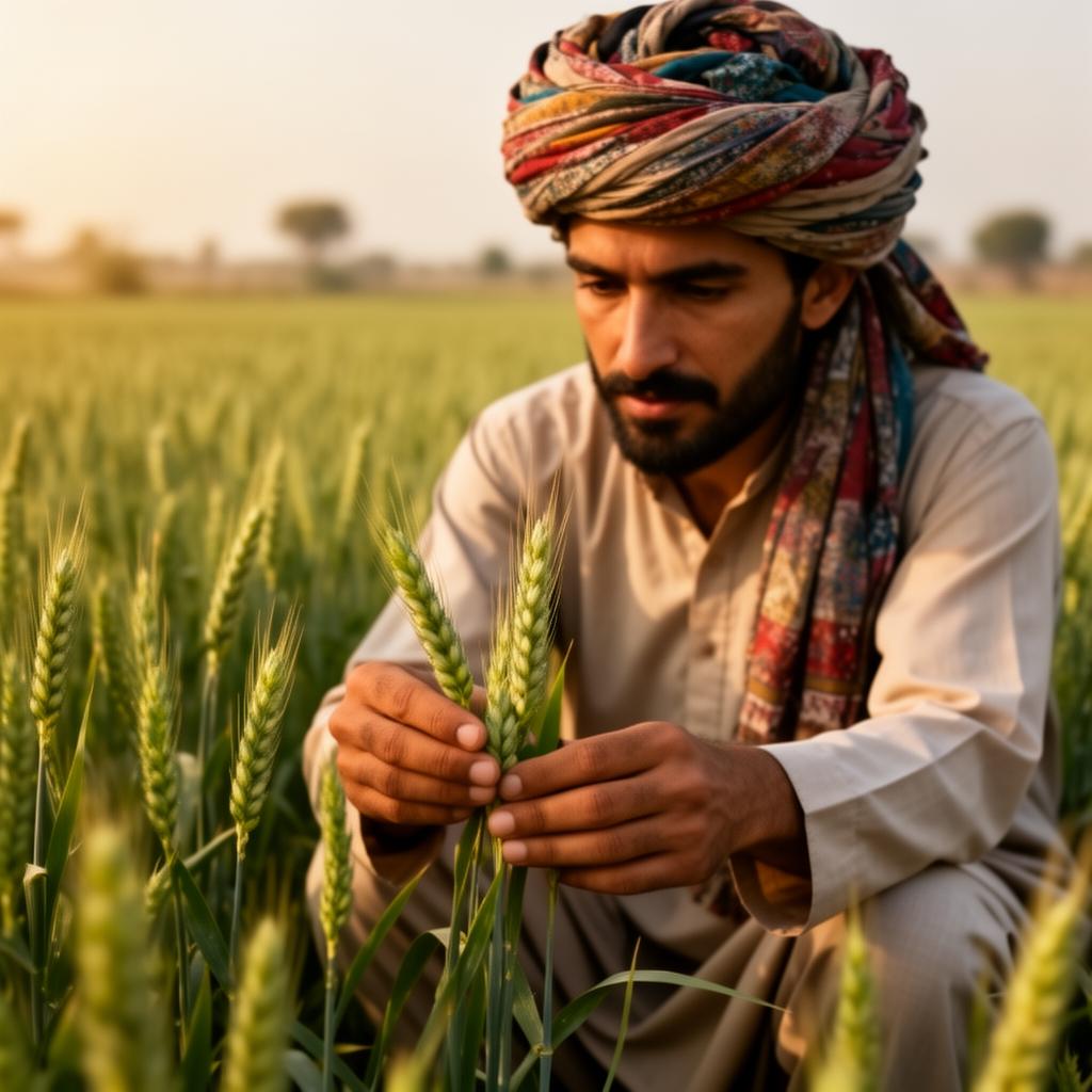 Pakistani farmer inspecting wheat