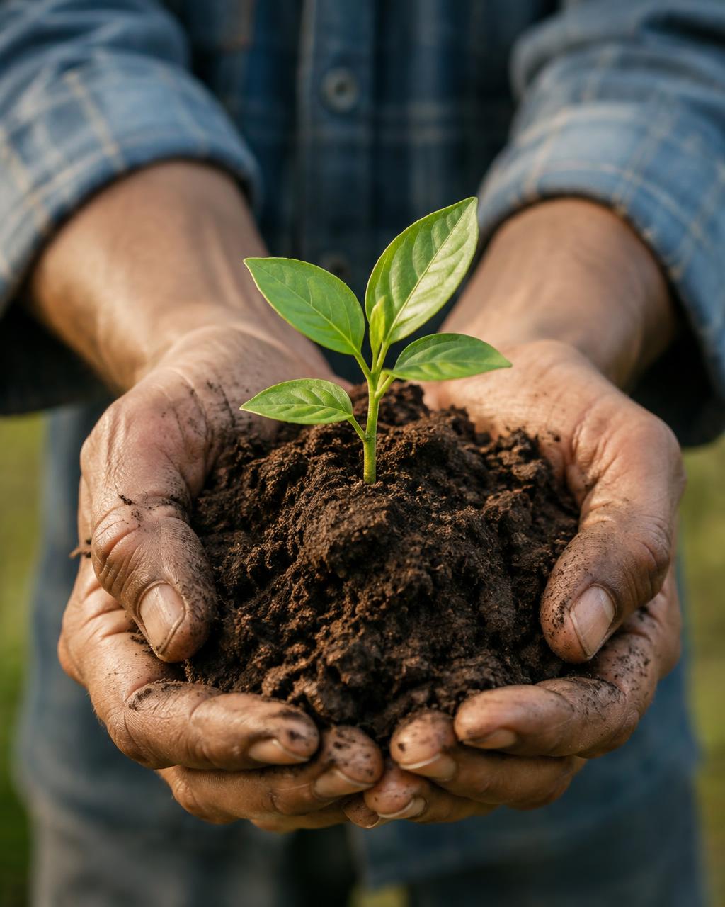 Hands holding fertile soil with a young sprout